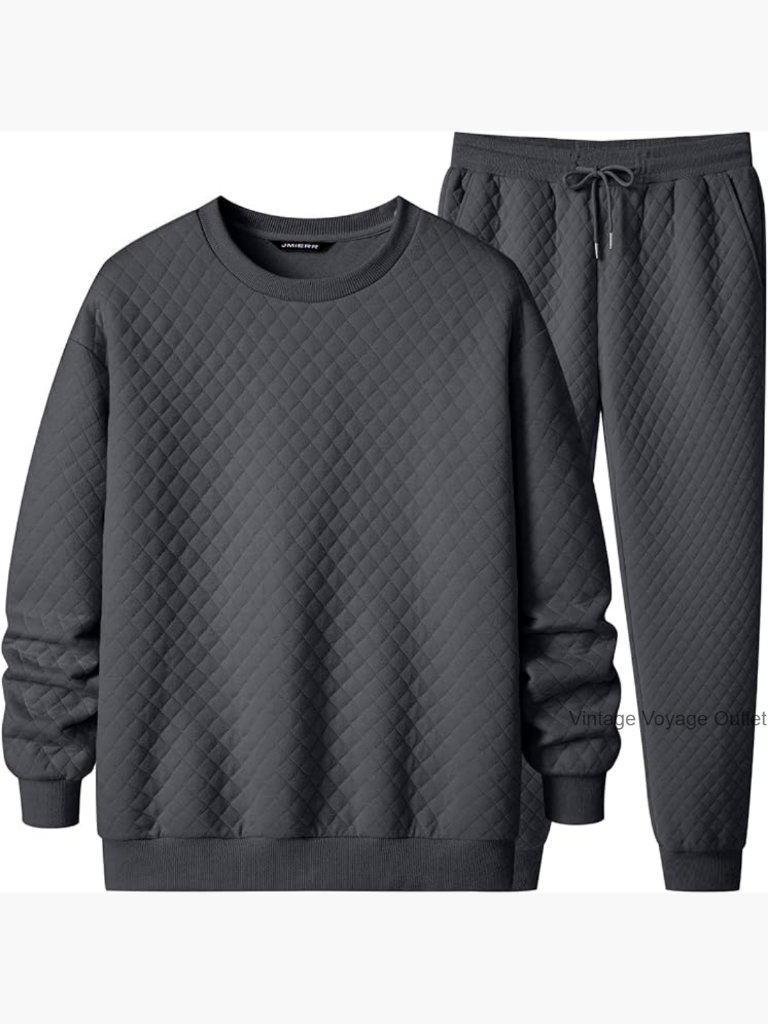 Men's Quilted 2 Piece Casual Outfit Sweatshirt Tracksuit & Joggers Set
